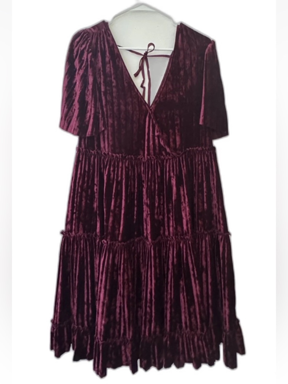 New York & Company Burgundy Crushed Velvet Tiered Maxi Dress Flutter Sleeve SZ M